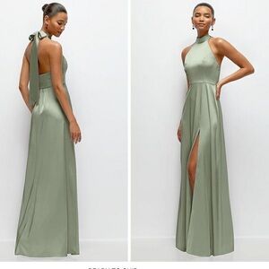 After Six Band Collar Halter Open Back Tie Bow Satin Sage Maxi Dress NWT Large